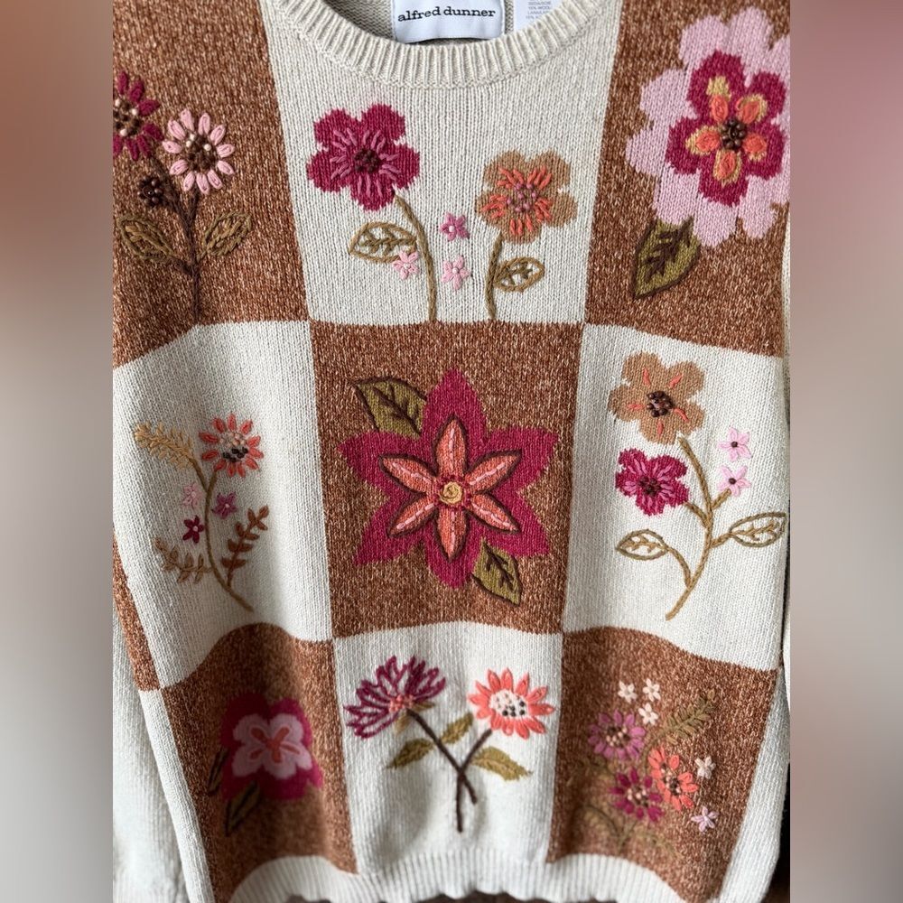 Vintage 90s Floral Patchwork Sweater Alfred Dunner Silk Blend - Picture 4 of 13